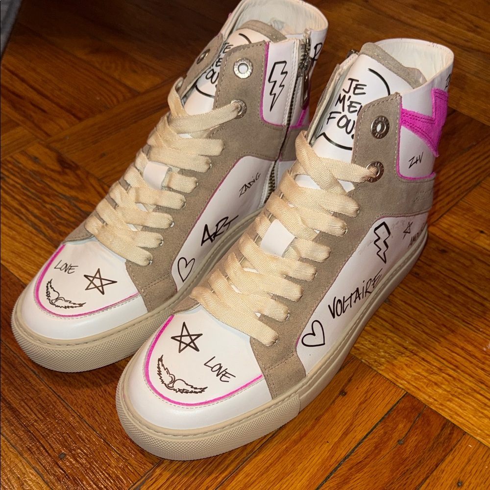 Zadig & Voltaire High-Top Sneakers in White, Beige & Pink with Graphic Accents
